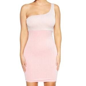 naked wardrobe Pink Sparkly One Shoulder Mini Dress Size XS